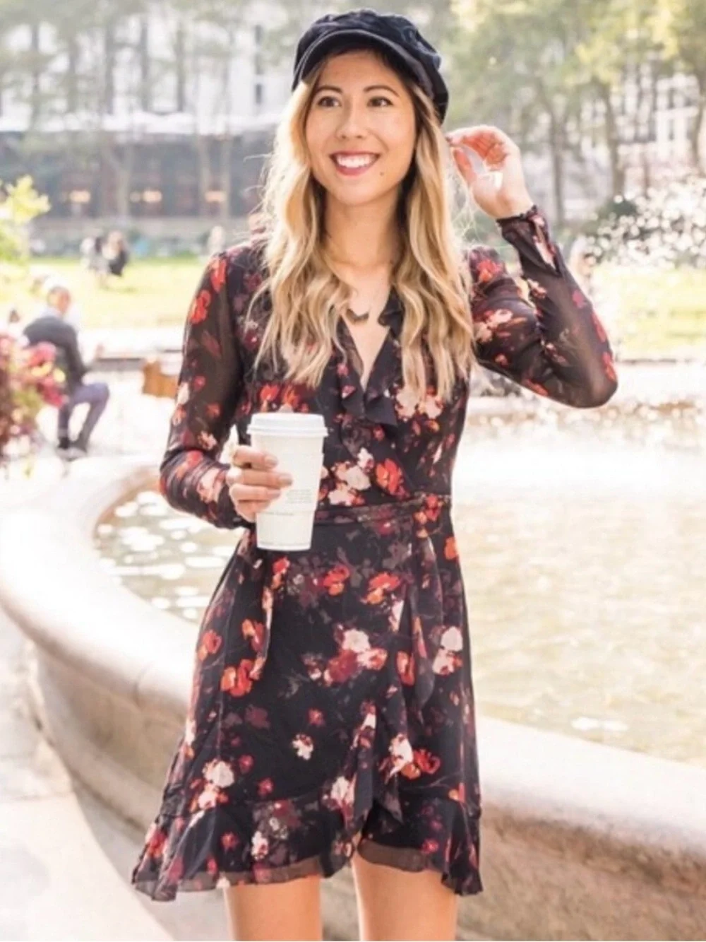 Aritzia Wilfred Louise Black and red Floral Ruffle Wrap Dress, size XS boho chic